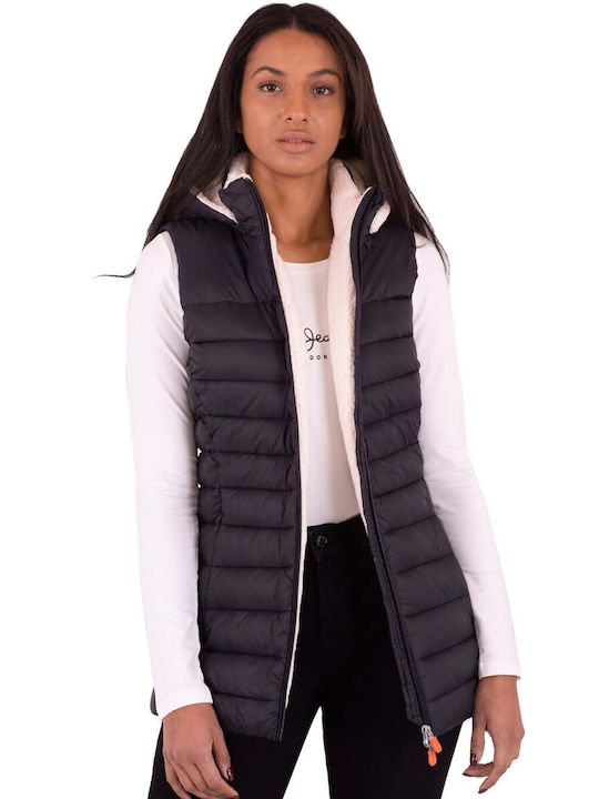 Save The Duck Lang Damen Ärmellos Puffer Jacke für Winter Schwarz