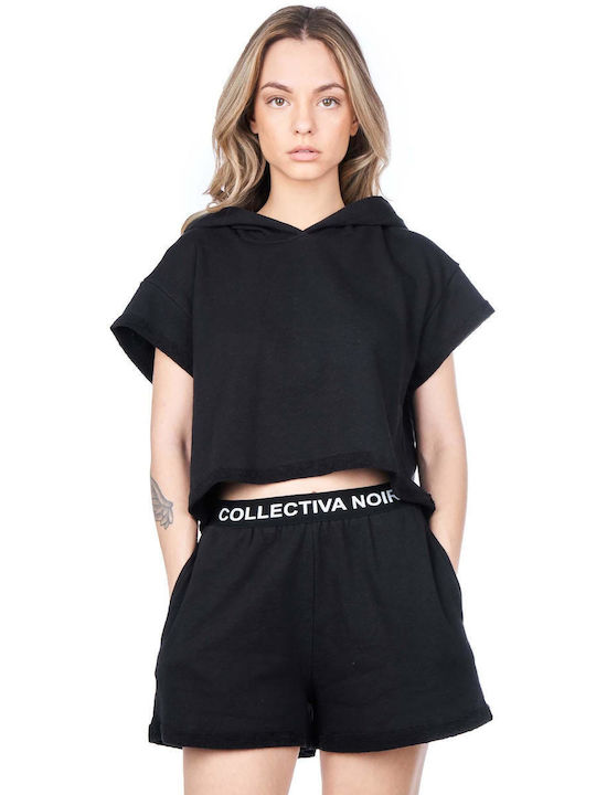 Collectiva Noir Women's Summer Crop Top Short Sleeve with Hood Black