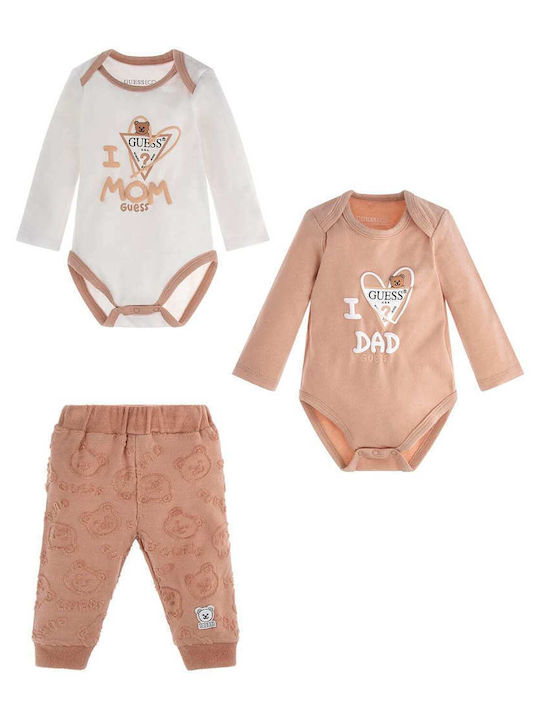 Guess Baby Bodysuit Set Long-Sleeved with Pants Beige