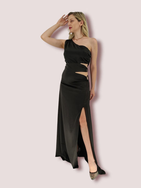 Sushi's Closet Sommer Maxi Abendkleid Satin mit Schlitz Schwarz