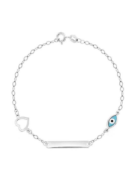 Eforo Kids White Gold ID Bracelet 9K with Evil Eye for Girl