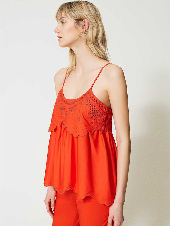 Women's Summer Cotton Blouse with Spaghetti Straps and Neckline with Zipper Orange