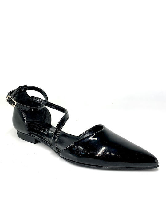 Arte Piedi Patent Leather Pointy Ballerinas With strap Black