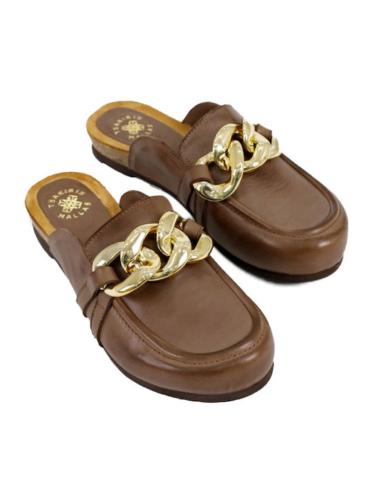 Flach Leder Mules in Braun Farbe