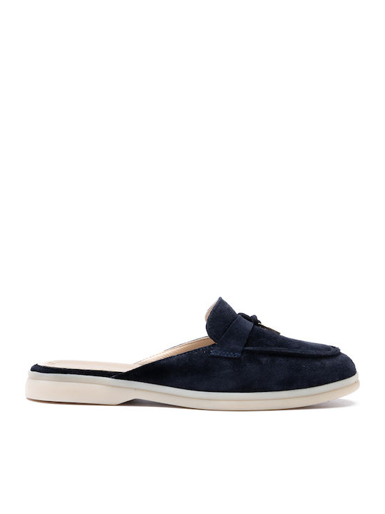 Philippe Lang Flach Leder Mules in Blau Farbe