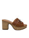 Leather Mules with Chunky High Heel in Brown Color