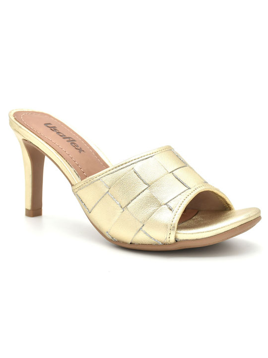 Usaflex Chunky Heel Leather Mules Gold