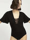 Short Sleeve String Bodysuit with Lace Black