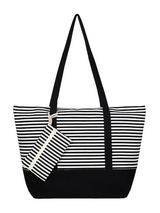 Aquablue Straw Beach Bag with Wallet Black with Stripes