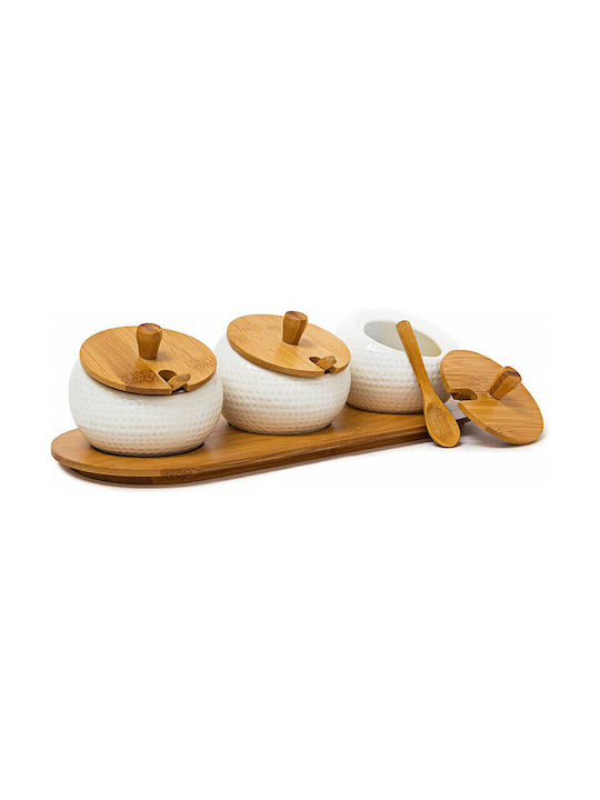 Relaxdays Set 3buc Borcane pentru Zahăr / Maro / Ceai cu capac & Bază Ceramică Alb 8.5x30.5x12cm