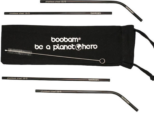 Boobam Straw Καλαμάκια Μεταλλικά Μαύρα με Βουρτσάκι 4τμχ