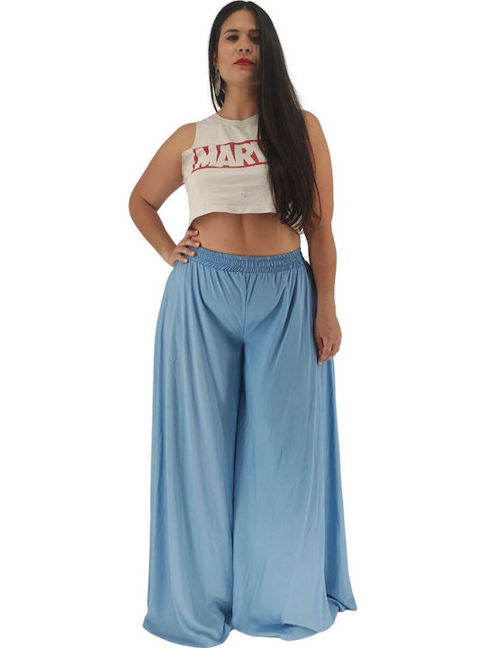 Women's Fabric Trousers with Elastic in Loose Fit Light Blue