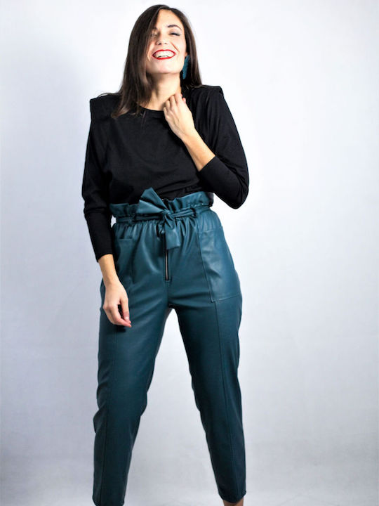 Women's High-waisted Fabric Trousers Baggy Line Blue