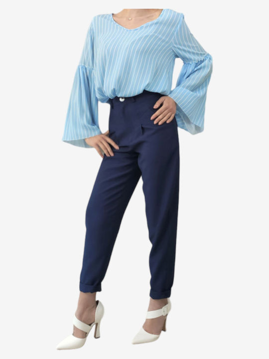 Noobass Women's High Waist Fabric Trousers in Baggy Line Blue