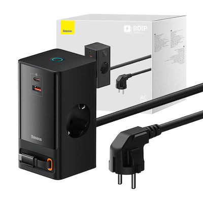 Baseus Suport de Încărcare cu Port USB-A și Port USB-C și Cablu USB-C 65W în culoarea Negru (PowerCombo Digital Powerstrip)