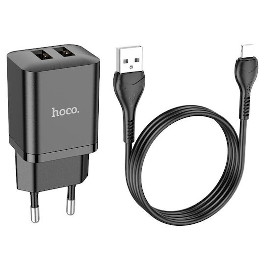 Hoco Încărcător cu 2 Porturi USB-A și Cablu Lightning 25W Power Delivery / Quick Charge 3.0 / Quick Charge 2.0 Negru (N25 „Maker”)
