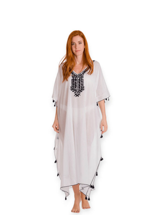 caftan din bumbac cu broderie 3601 rima White