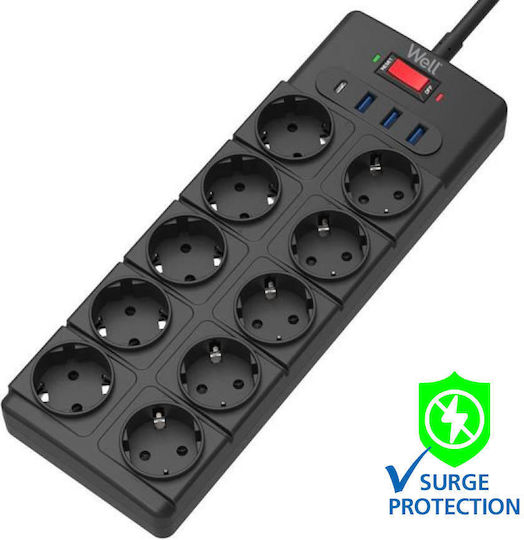 Well Πολύπριζο Aσφαλείας 10 Θέσεων με USB-A, 1 USB-C, Διακόπτη και Καλώδιο 2m