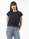 Simple Fashion Women's Summer Blouse Cotton Short Sleeve Navy Blue