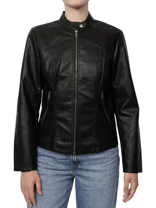 Only Women's Short Biker Artificial Leather Jacket for Spring or Autumn Black
