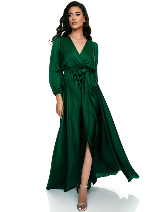 RichgirlBoudoir Καλοκαιρινό Maxi Βραδινό Φόρεμα Σατέν Κρουαζέ με Βολάν Πράσινο