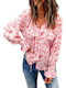 Amely Women's Summer Blouse Long Sleeve with V Neckline Floral Fuchsia