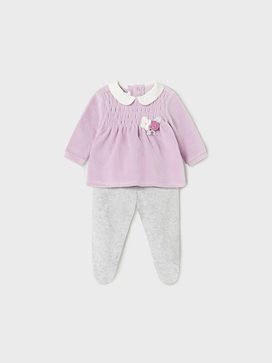 Mayoral Baby Bodysuit Set Long-Sleeved Velvet with Pants Pink 2pcs