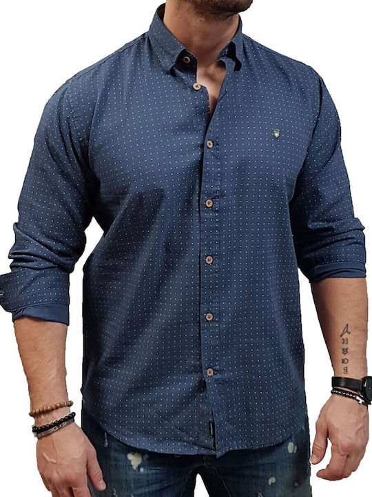 Visconti Long-sleeved Linen Shirt Polka Dot Nav...