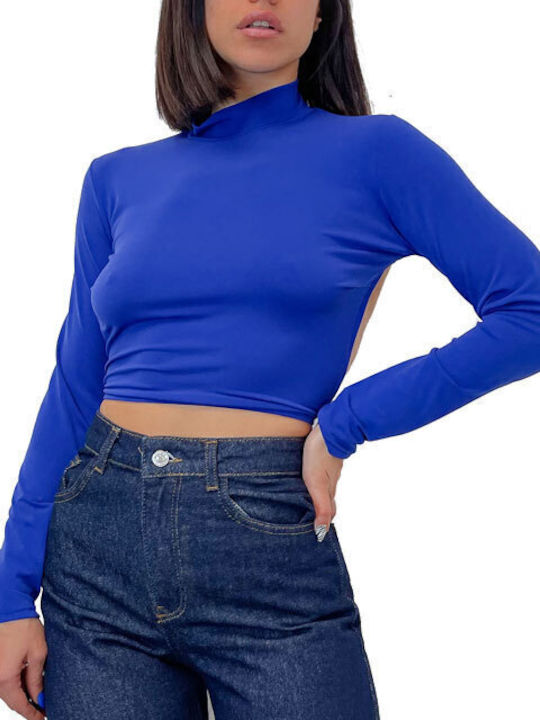 Women's Crop Top Turtleneck Long Sleeve Blue
