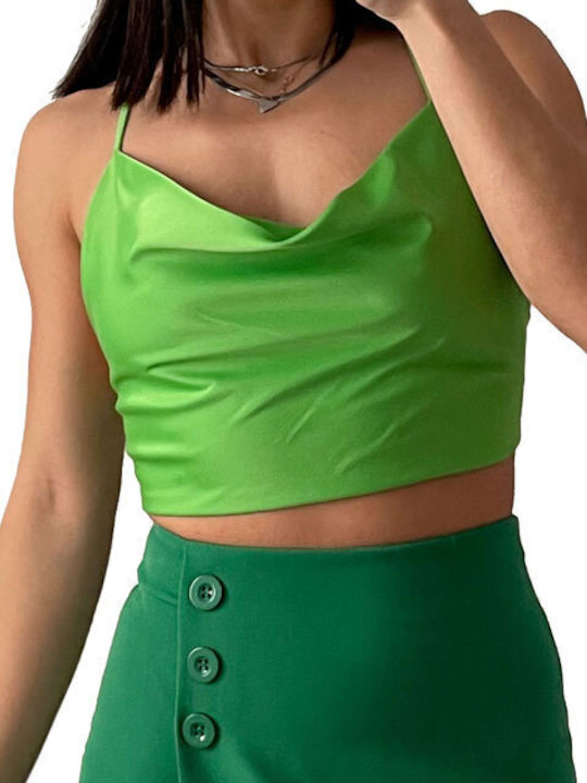 Women's Summer Crop Top Satin with Straps Green