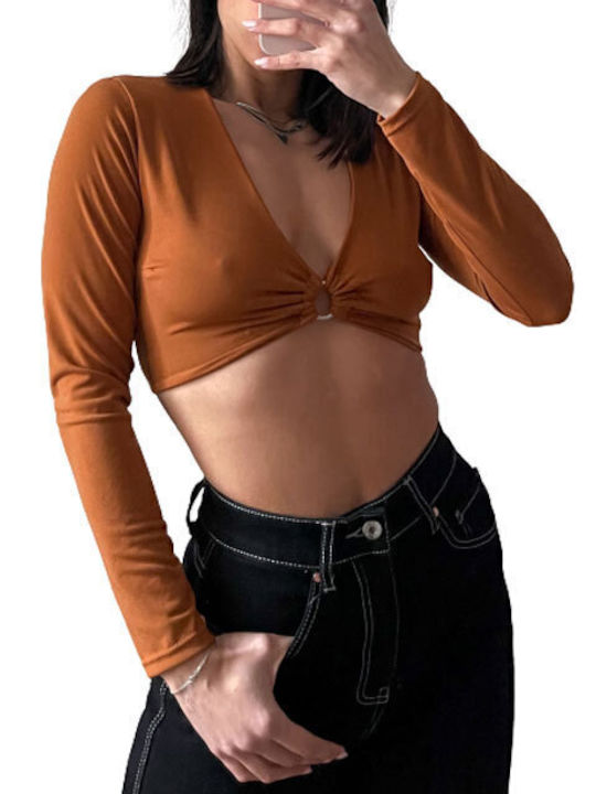 Chica Γυναικείο Crop Top Μακρυμάνικο Καφέ