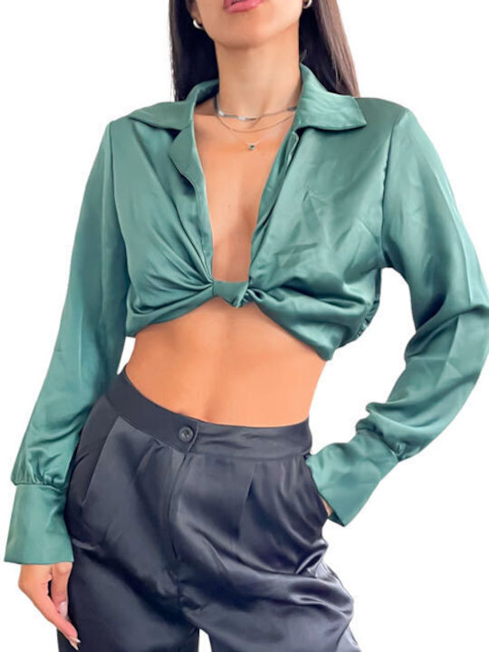 Chica Damen Crop Top Satin Langarm mit V-Ausschnitt Grün