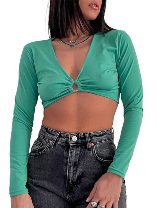 Chica Women's Crop Top Long Sleeve with V Neckline Green