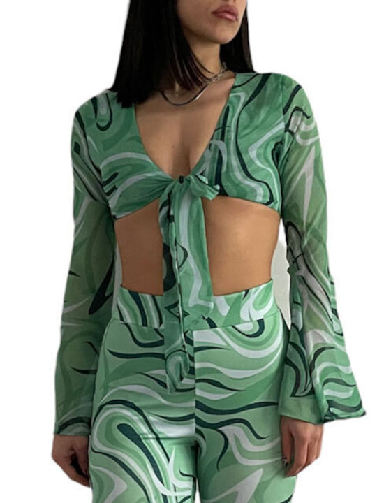 Chica Women's Crop Top Long Sleeve with V Neckline Green