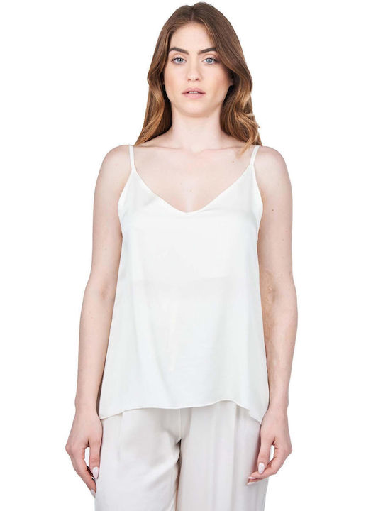 Crossley Damen Sommer Bluse Satin mit Trägern & V-Ausschnitt Weiß