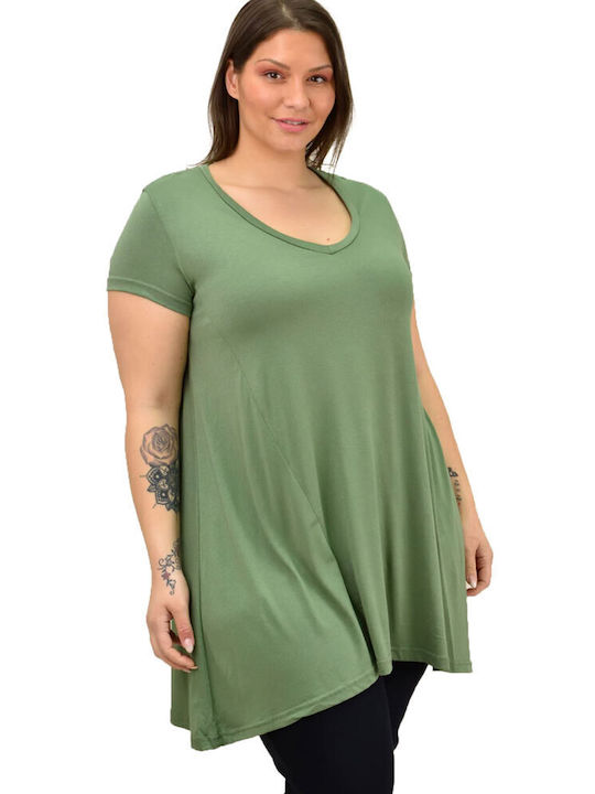 First Woman Damen Sommerliche Bluse Kurzärmelig mit V-Ausschnitt Grün