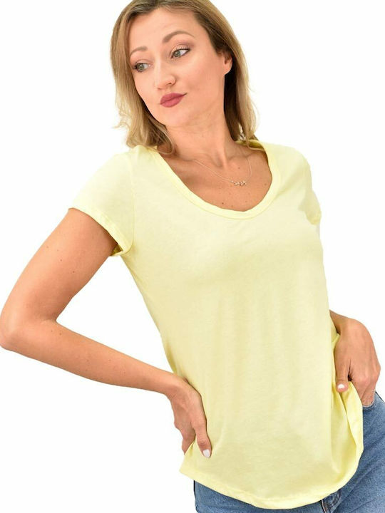 First Woman Damen Sommerliche Bluse Baumwoll Kurzärmelig mit V-Ausschnitt Gelb