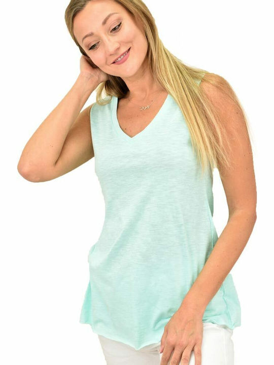 First Woman Women's Summer Blouse Cotton Sleeveless with V Neck Turquoise