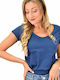 First Woman Women's Summer Blouse Cotton Short Sleeve with V Neckline Blue