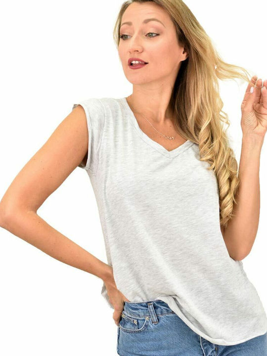 First Woman Γυναικείο T-shirt με V Λαιμόκοψη Γκρι