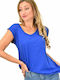 First Woman Women's Summer Blouse Cotton Short Sleeve with V Neck Blue