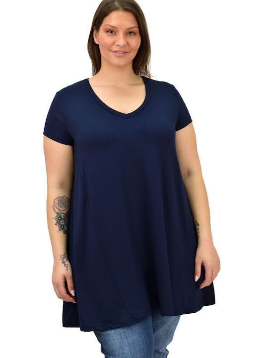 First Woman Γυναικείο Oversized T-shirt με V Λαιμόκοψη Μπλε