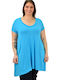 First Woman Women's Summer Blouse Short Sleeve with V Neckline Light Blue