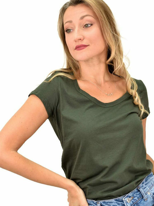 First Woman Women's Summer Blouse Cotton Short Sleeve with V Neckline Khaki