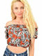 First Woman Women's Summer Crop Top Off-Shoulder Cotton Short Sleeve Floral Brown