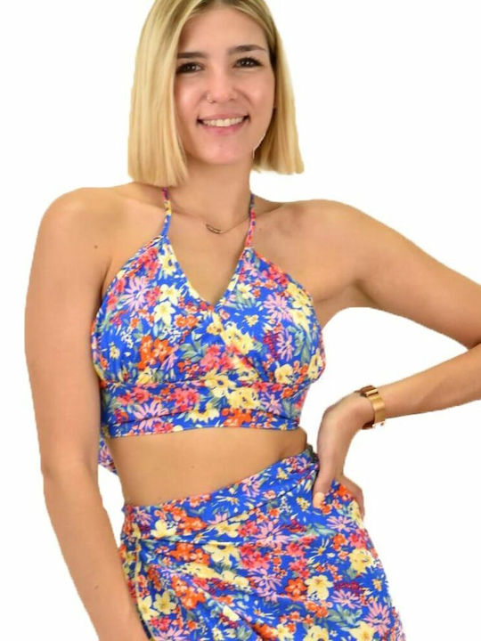 First Woman Women's Summer Crop Top with Straps Floral Blue