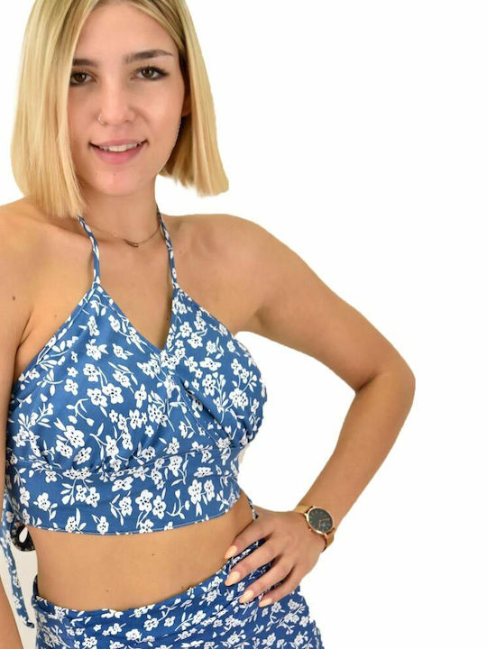First Woman Top de Damă de Vară Crop fără Mâneci Floral Albastru