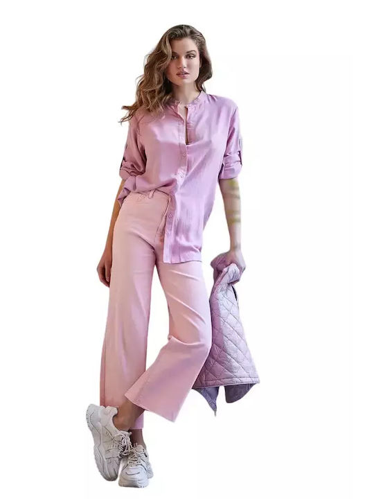 Cento Fashion Μακρυμάνικο Γυναικείο Λινό Πουκάμισο Ροζ