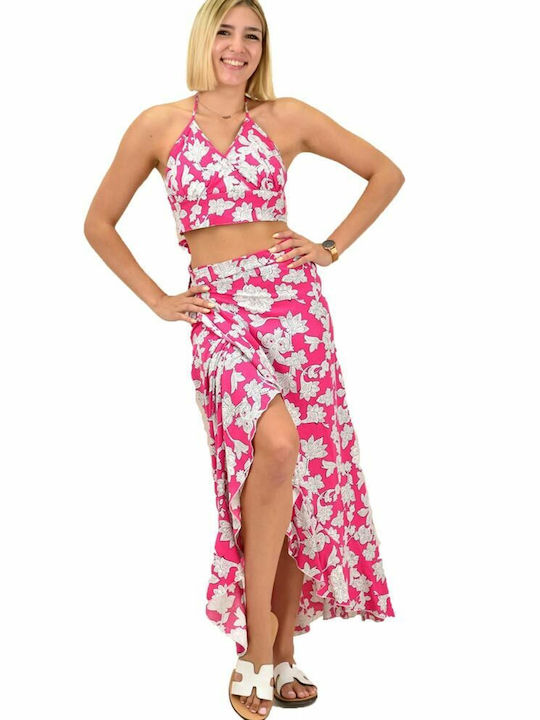 First Woman Set with High Waist Maxi Skirt Floral in Fuchsia color