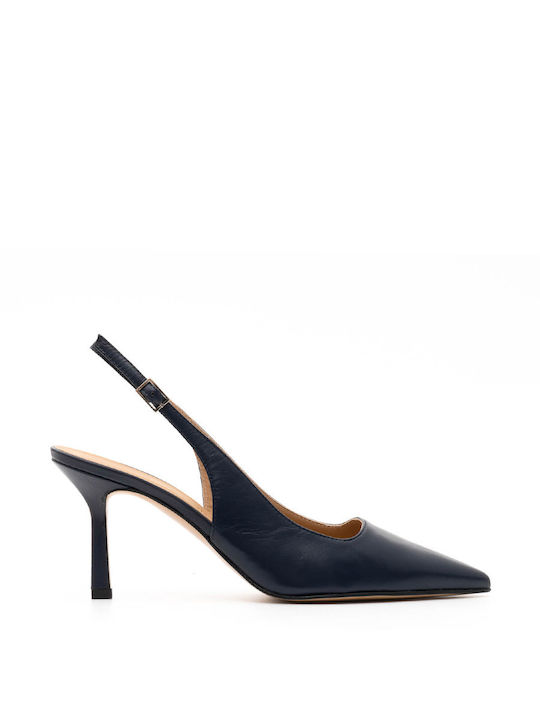 Philippe Lang Leather Pointed Toe Blue Heels with Strap